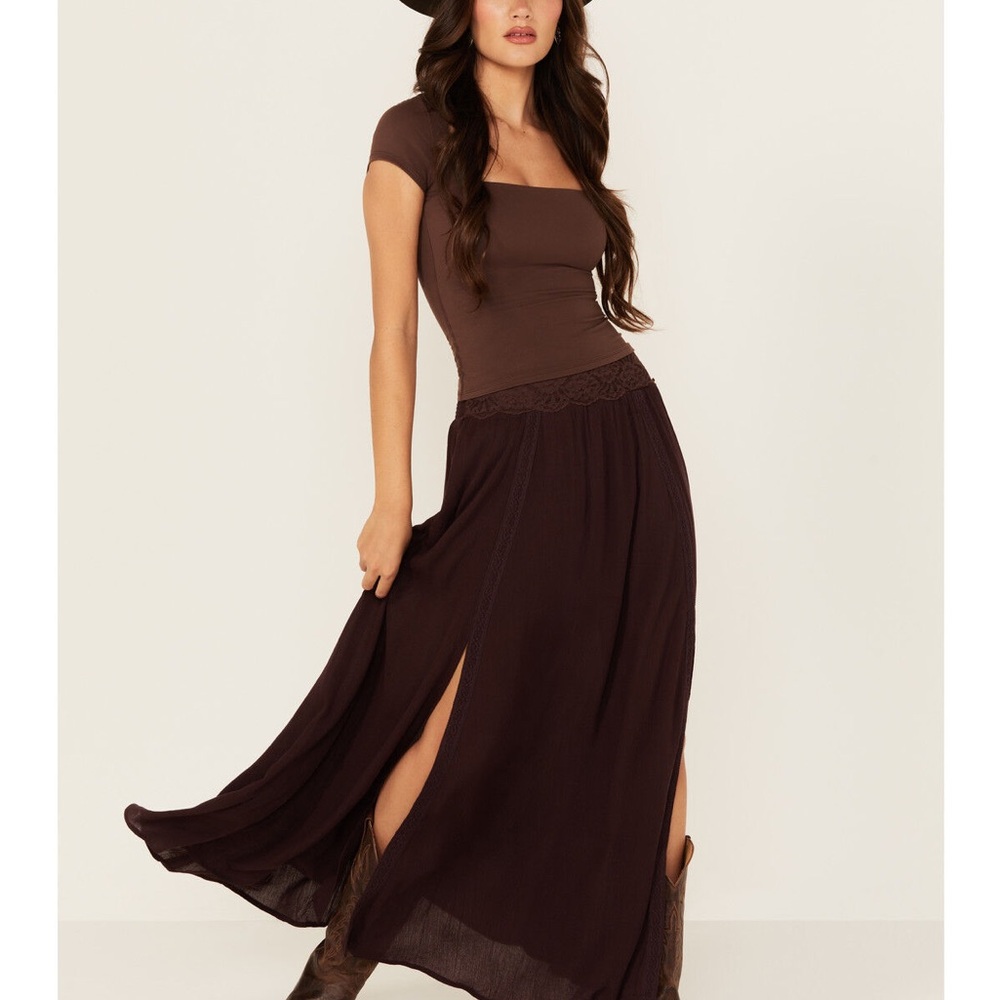 Shyanne Boot Barn Lace Inset Maxi Skirt, Brown, Size L, NWT